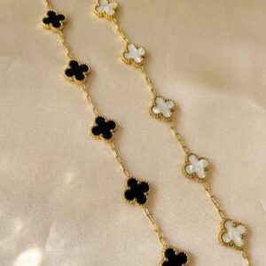 Adjustable Bracelets Black & White Clover Charm Bracelet in gold finish by Bougee Jewels