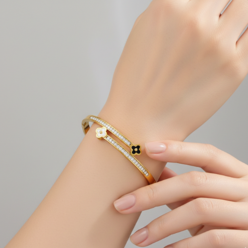 Dual Clover Crystal Cuff Bangle – Bougee Jewels Dual clover crystal cuff bangle in gold finish by Bougee Jewels