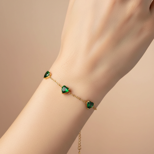 emerald heart bracelet on model emerald heart bracelet on model