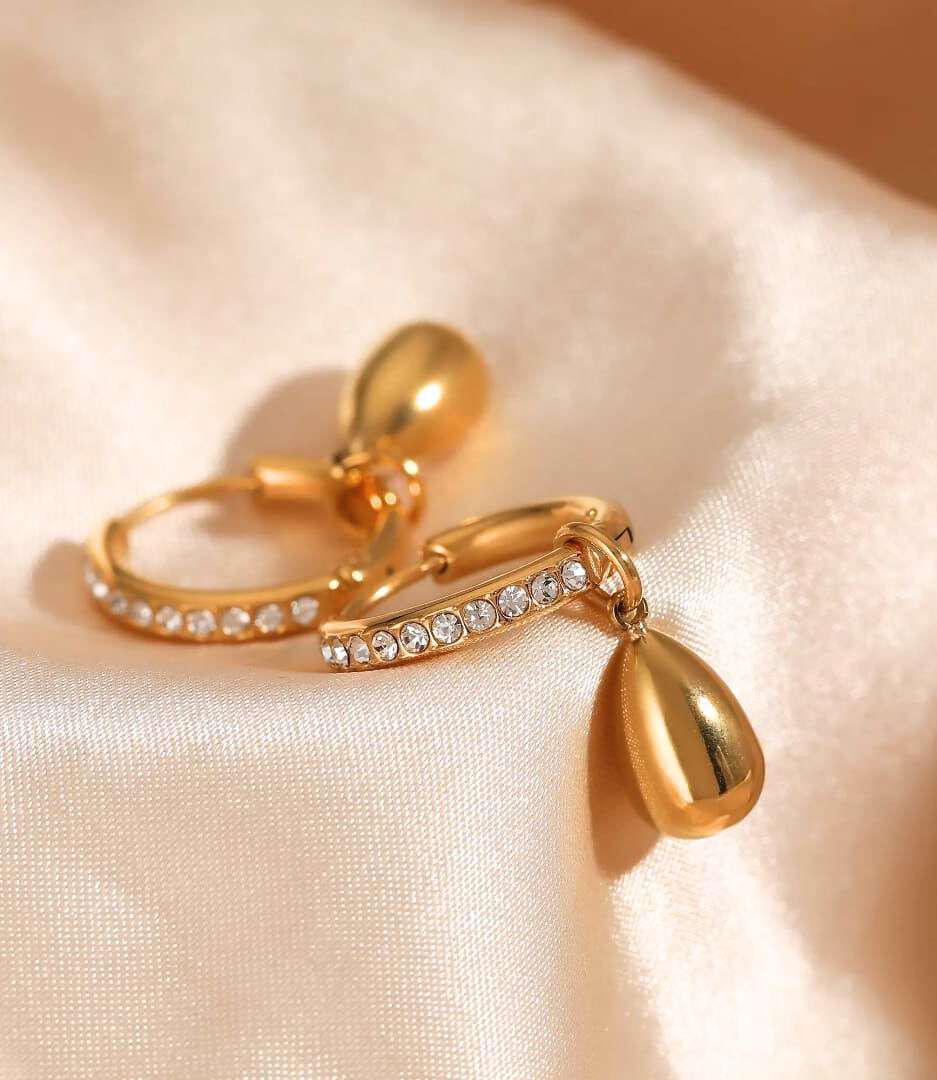 Golden Teardrop Hoop Earrings | Bougee Jewels Golden teardrop hoop earrings with crystal detailing for women