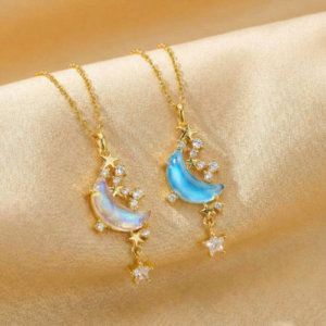 Celestial Moon Necklaces Moon star crystal drop necklace pink and blue celestial jewellery for women