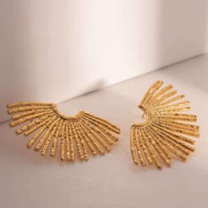 Sunburst fan stud earrings in gold finish by Bougee Jewels