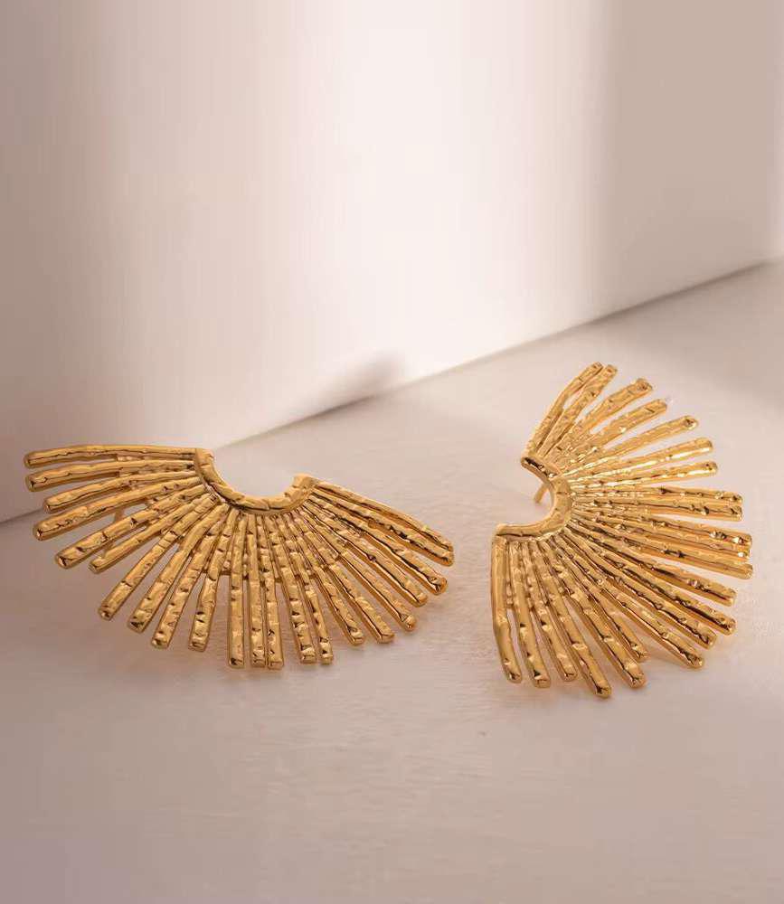 Sunburst Fan Stud Earrings – Statement Gold Studs by Bougee Jewels Sunburst fan stud earrings in gold finish by Bougee Jewels