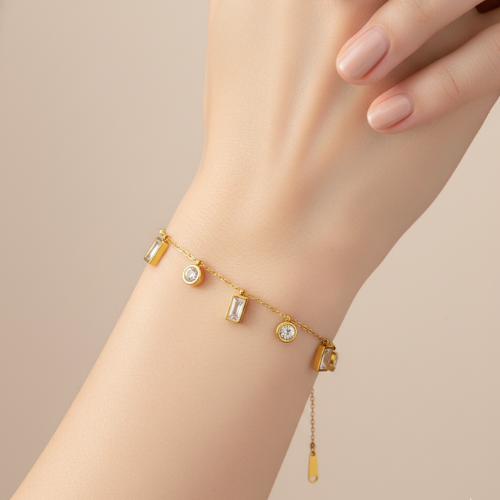 Crystal Drop Bracelet on model – Bougee Jewels Crystal drop charm bracelet in golden finish by Bougee Jewels